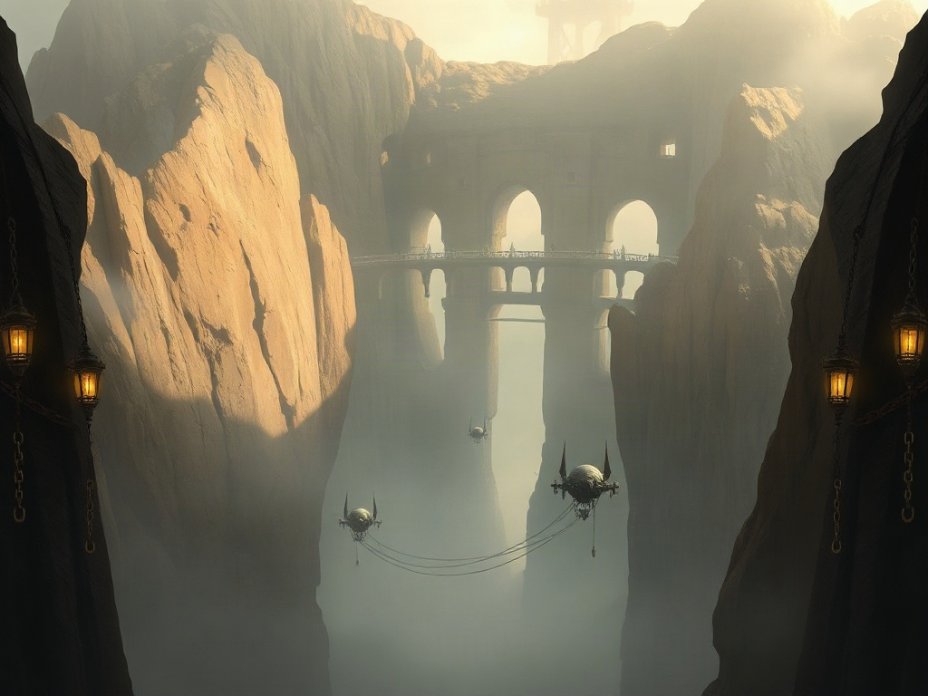 Deep chasm crossed by narrow bridges