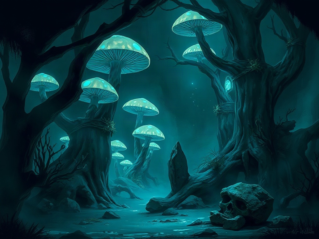 Forest lit by drifting lanterns