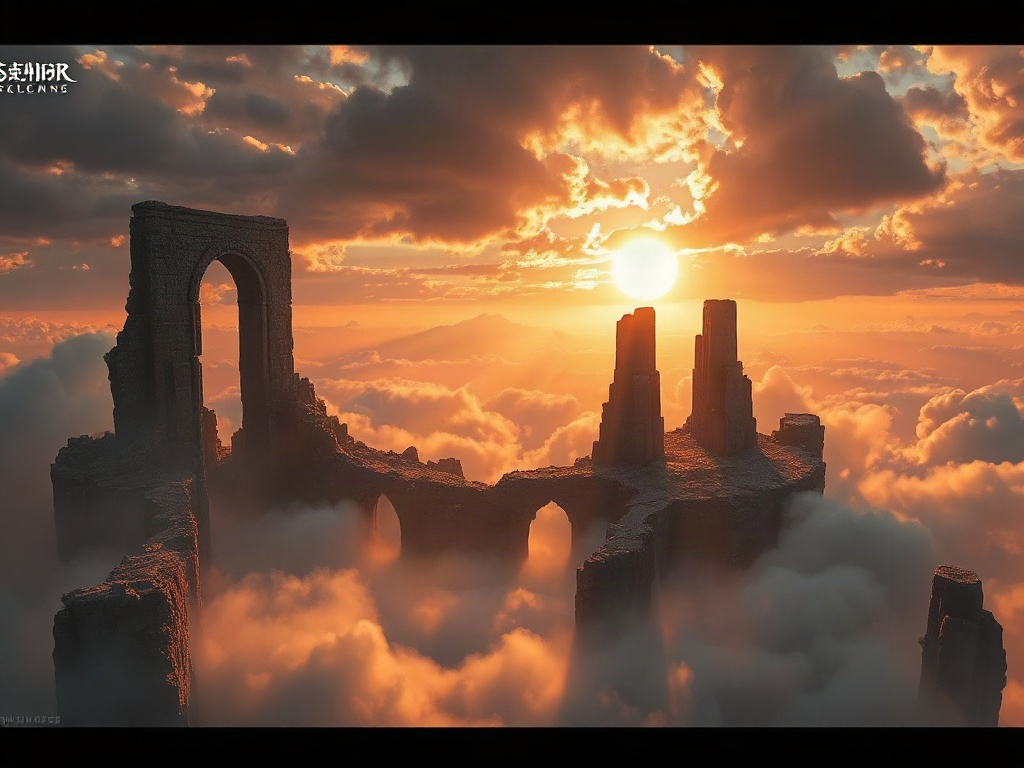 Aetheris — concept art of drifting temple islands above a golden chasm
