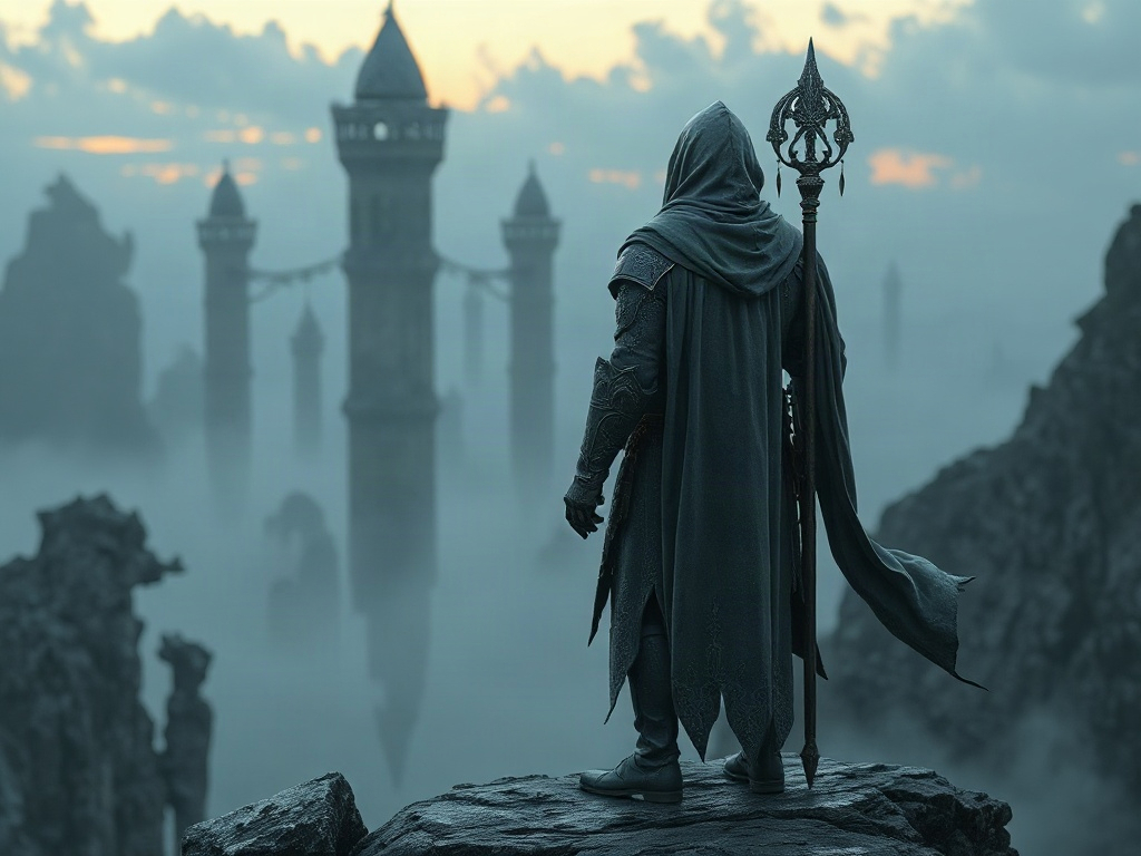 Key art of a Wanderer looking out over drifting continents at dusk